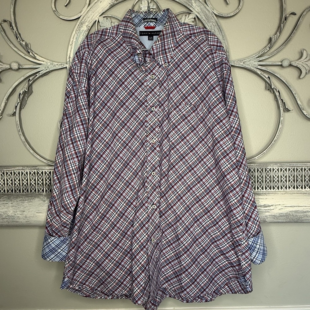Tommy Hilfiger Shirt Men's XL Button Down 80s Plaid Red Blue Flip Cuff